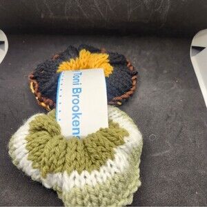 Hand Crafted Knit Scrunchies Yellow Green Jumbo Hair Band Accessory Set of 2